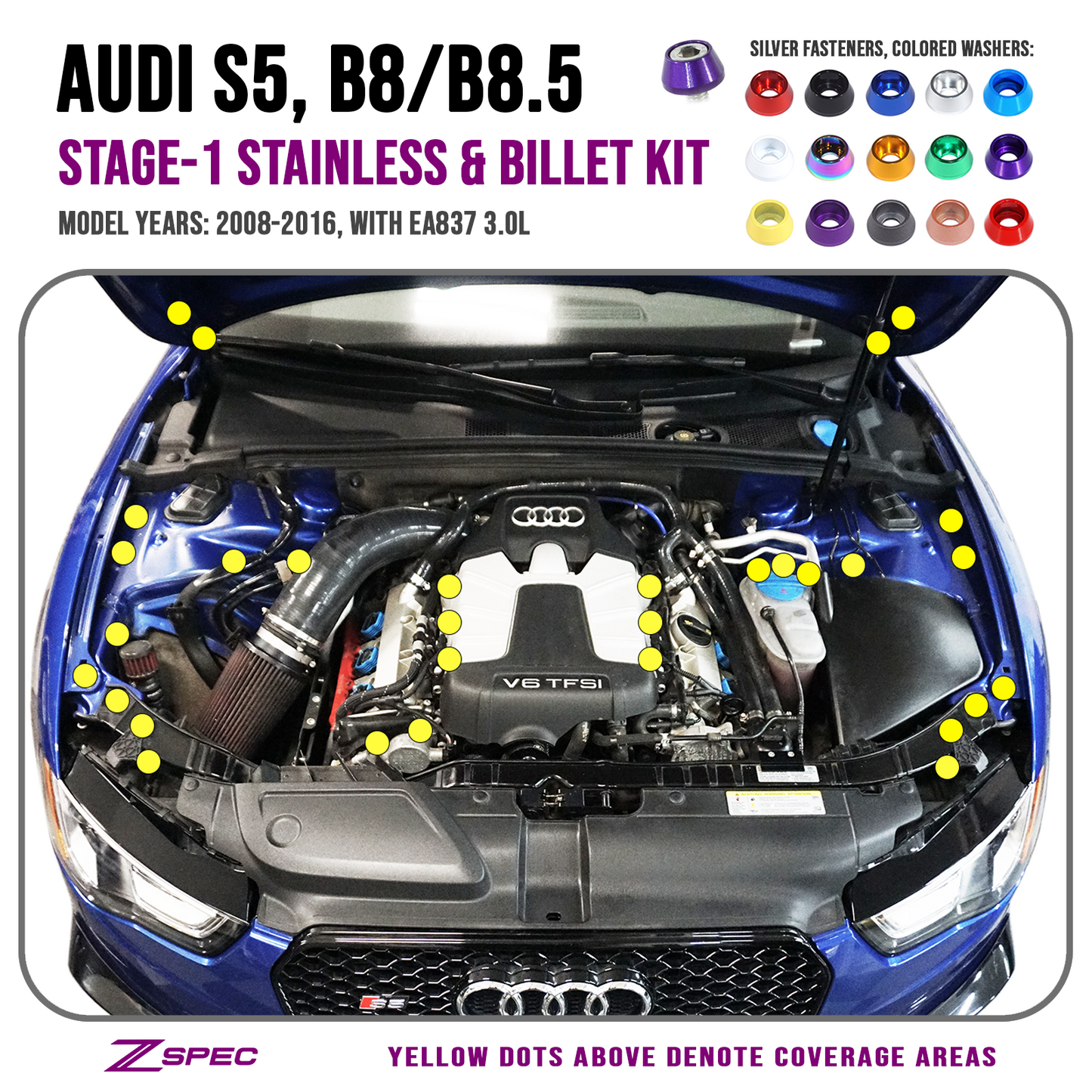 ZSPEC Stage-1 Dress Up Bolts® Fastener Kit for Audi S5 B8 3.0L, Stainless & Billet