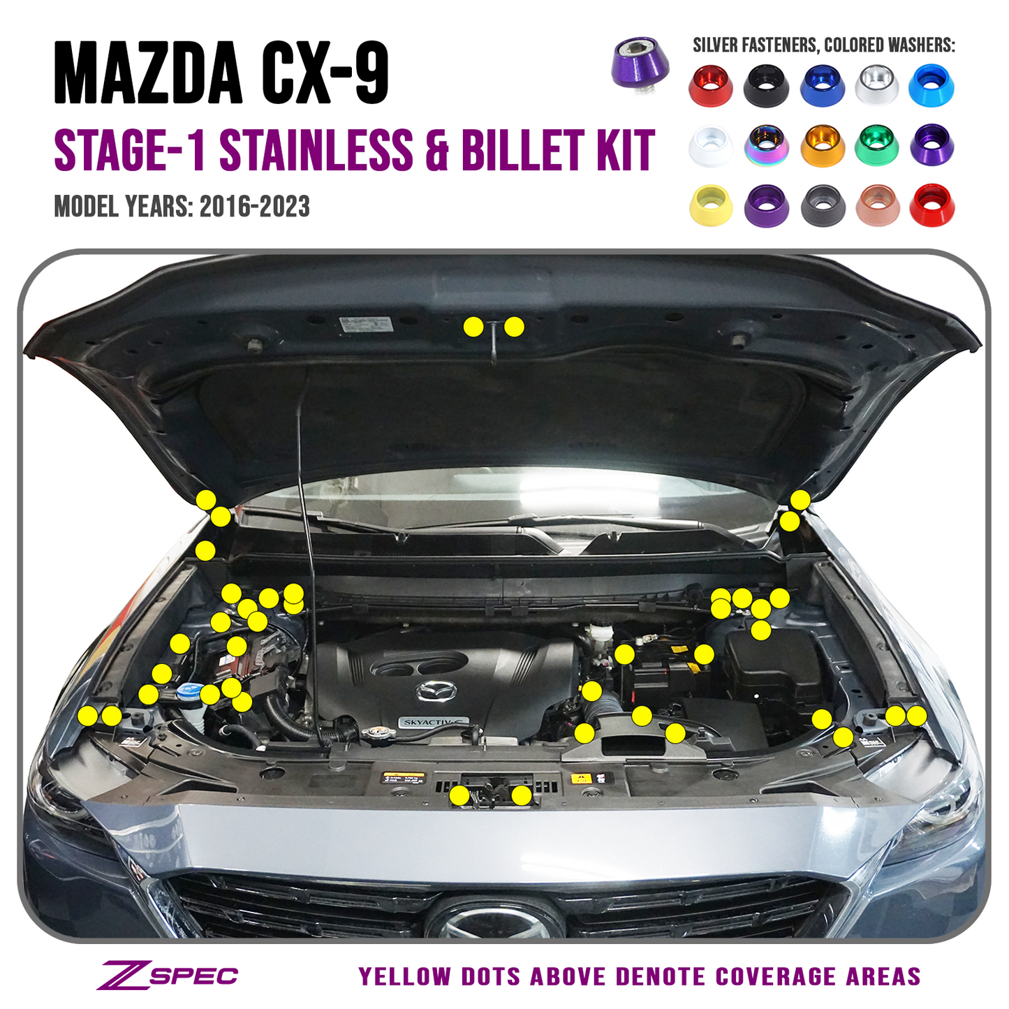 ZSPEC Stage-1 Dress Up Bolts® Fastener Kit for '16-23 Mazda CX-9, Stainless & Billet