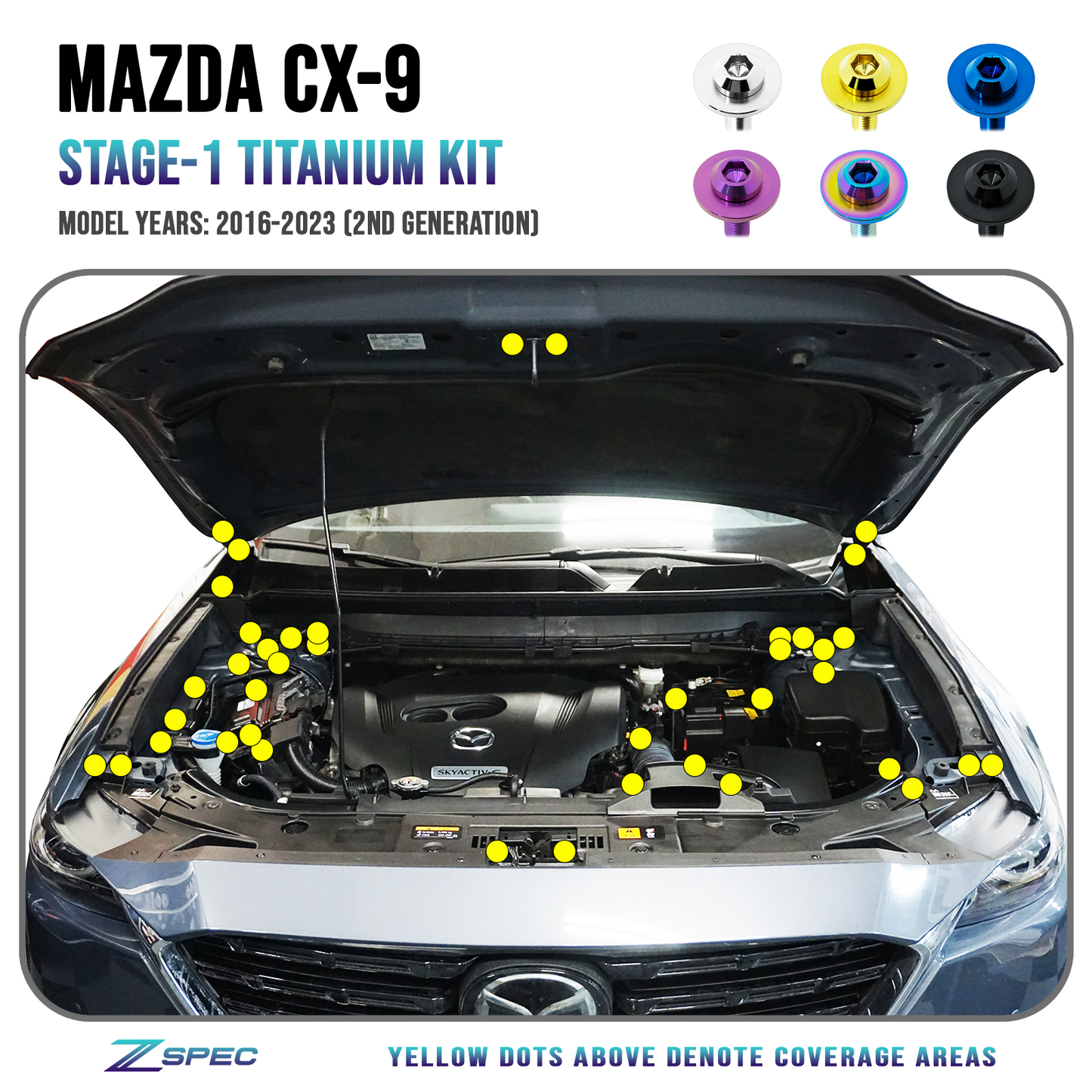 ZSPEC Stage-1 Dress Up Bolts® Fastener Kit for '16-23 Mazda CX-9, Titanium