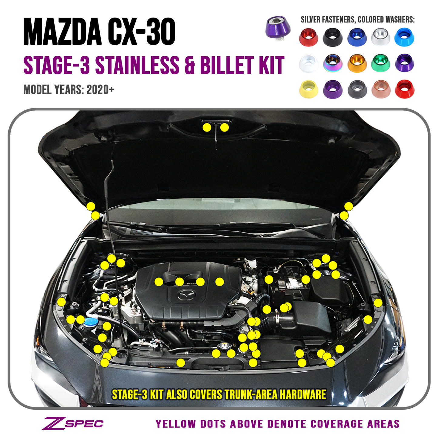 ZSPEC Stage-3 Dress Up Bolts® Fastener Kit for 2020-2024 Mazda CX-30, Stainless & Billet