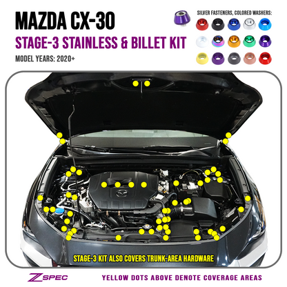 ZSPEC Stage-3 Dress Up Bolts® Fastener Kit for 2020-2024 Mazda CX-30, Stainless & Billet