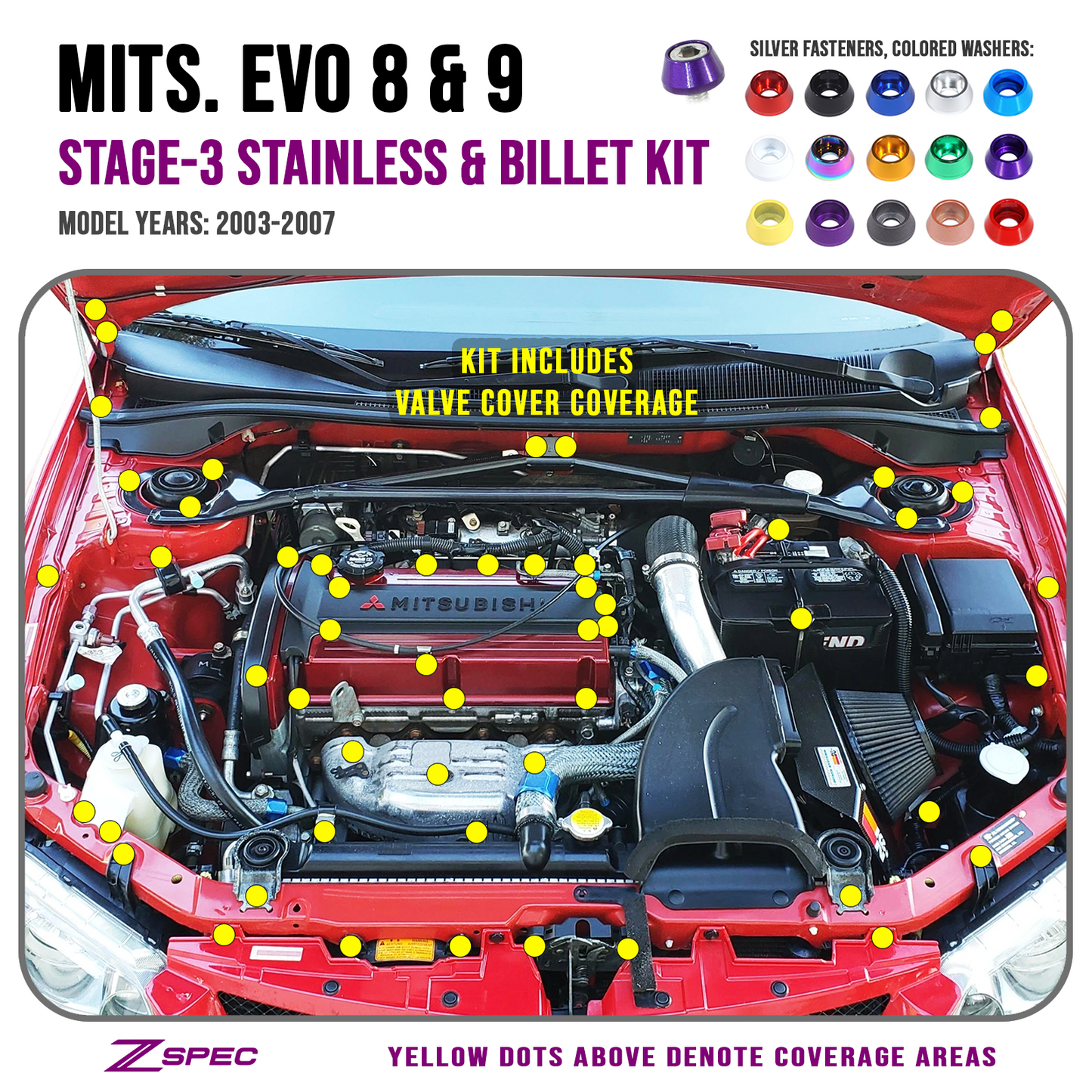 ZSPEC Stage-3 Dress Up Bolts® Fastener Kit for Mitsubishi EVO 8 & 9, Stainless & Billet