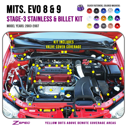 ZSPEC Stage-3 Dress Up Bolts® Fastener Kit for Mitsubishi EVO 8 & 9, Stainless & Billet