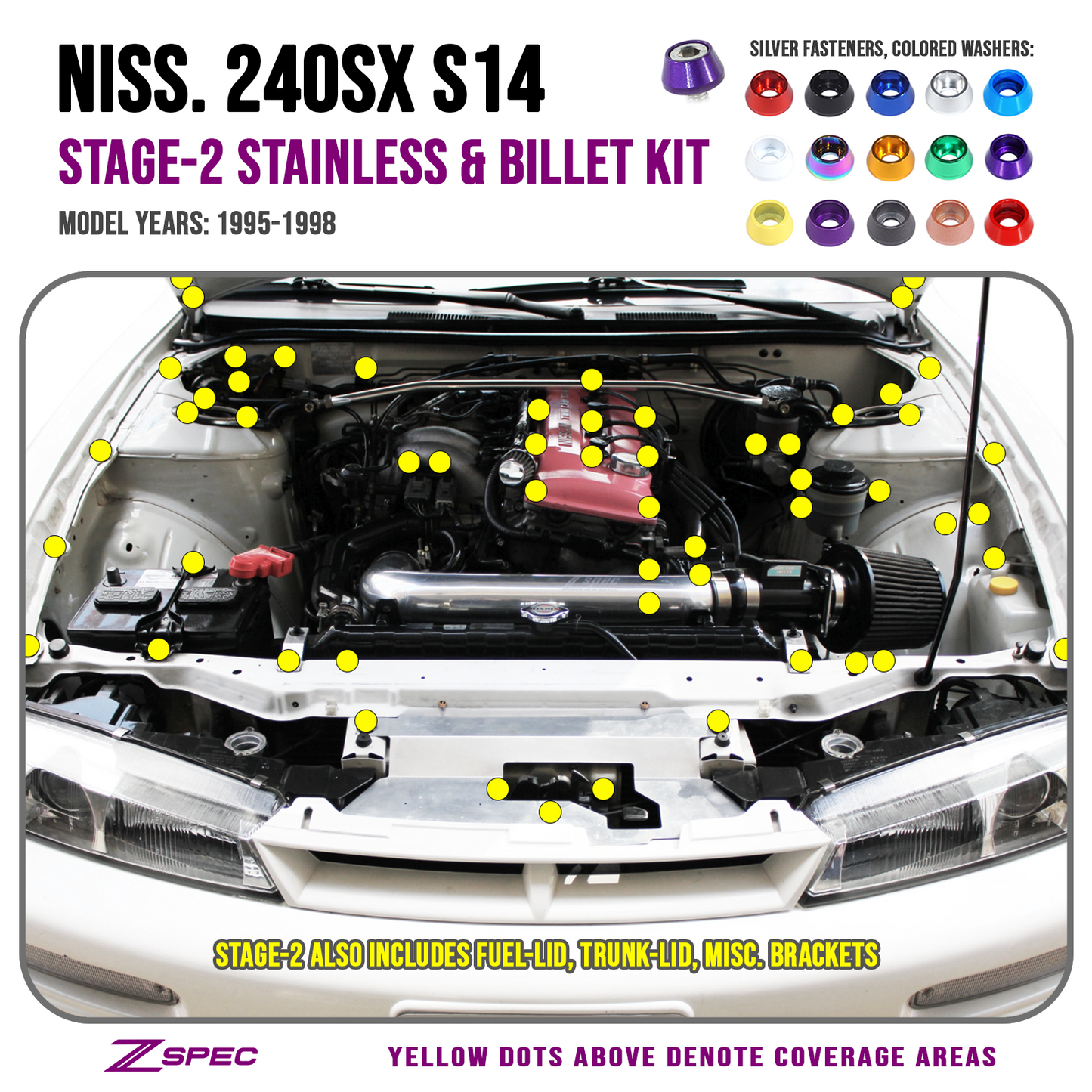 ZSPEC Stage-2 Dress Up Bolts® Fastener Kit for '95-98 Nissan 240SX S14, Stainless & Billet