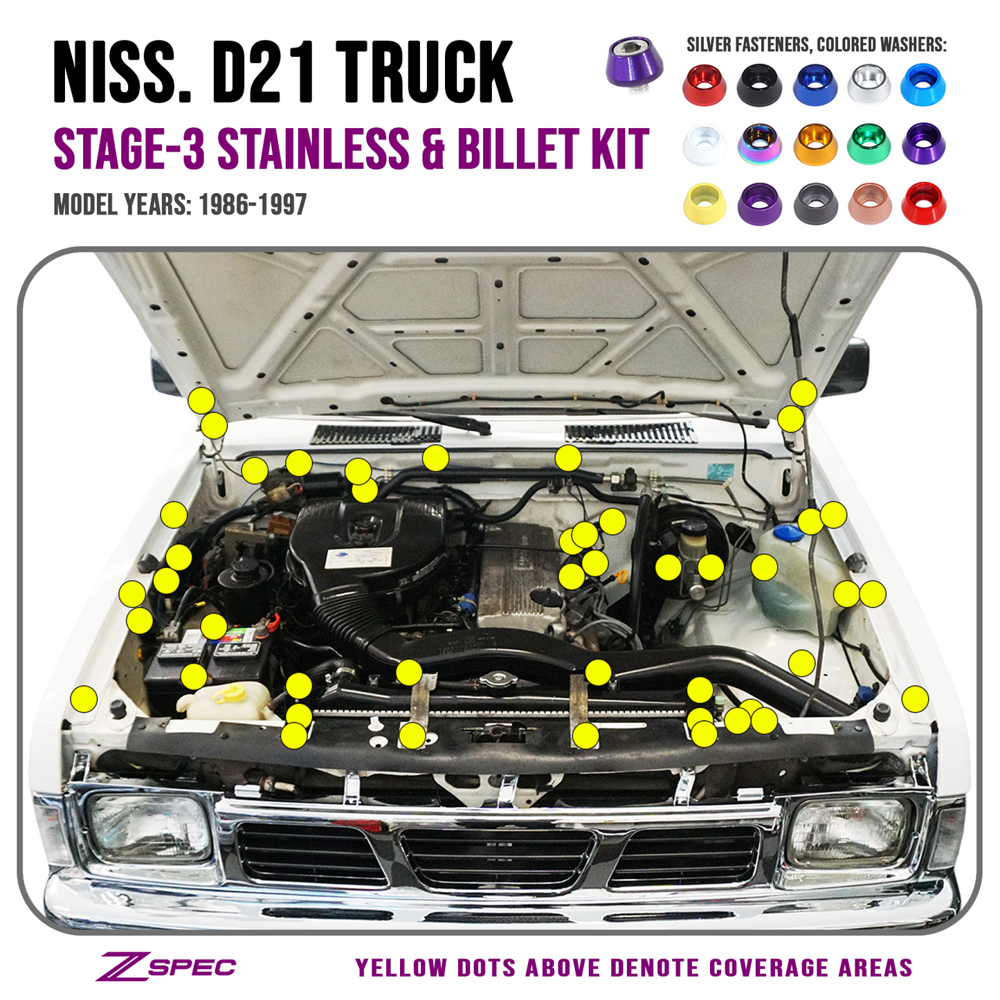ZSPEC Stage-3 Engine Bay Fastener Kit for Nissan Hardbody D21 Pickup Truck, Stainless & Billet