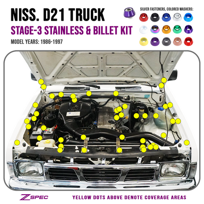 ZSPEC Stage-3 Engine Bay Fastener Kit for Nissan Hardbody D21 Pickup Truck, Stainless & Billet
