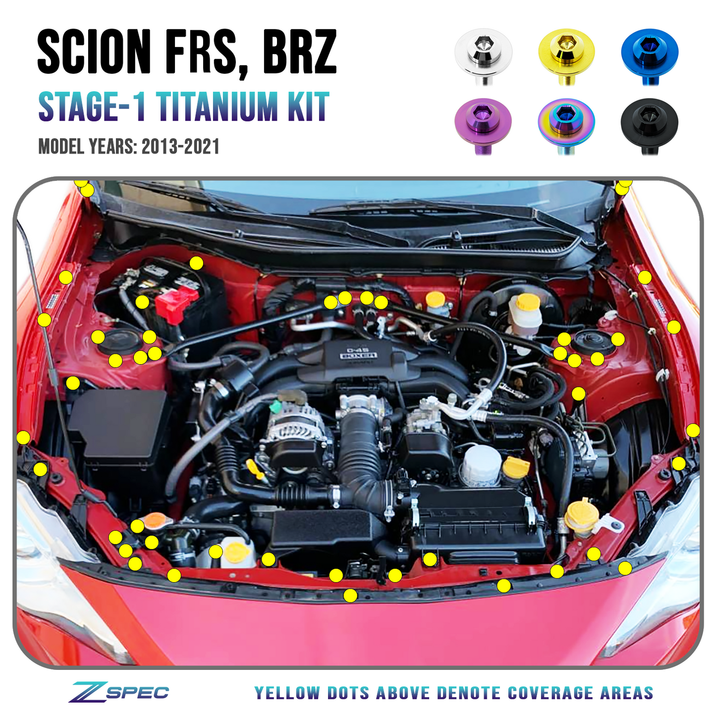 ZSPEC Stage-1 Dress Up Bolts® Fastener Kit for Scion FRS, Subaru BRZ, Toyota 86 '13-21, Titanium