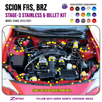 ZSPEC Stage-3 Dress Up Bolts® Fastener Kit for Scion FRS, Subaru BRZ, Toyota 86 '13-21, Stainless & Billet