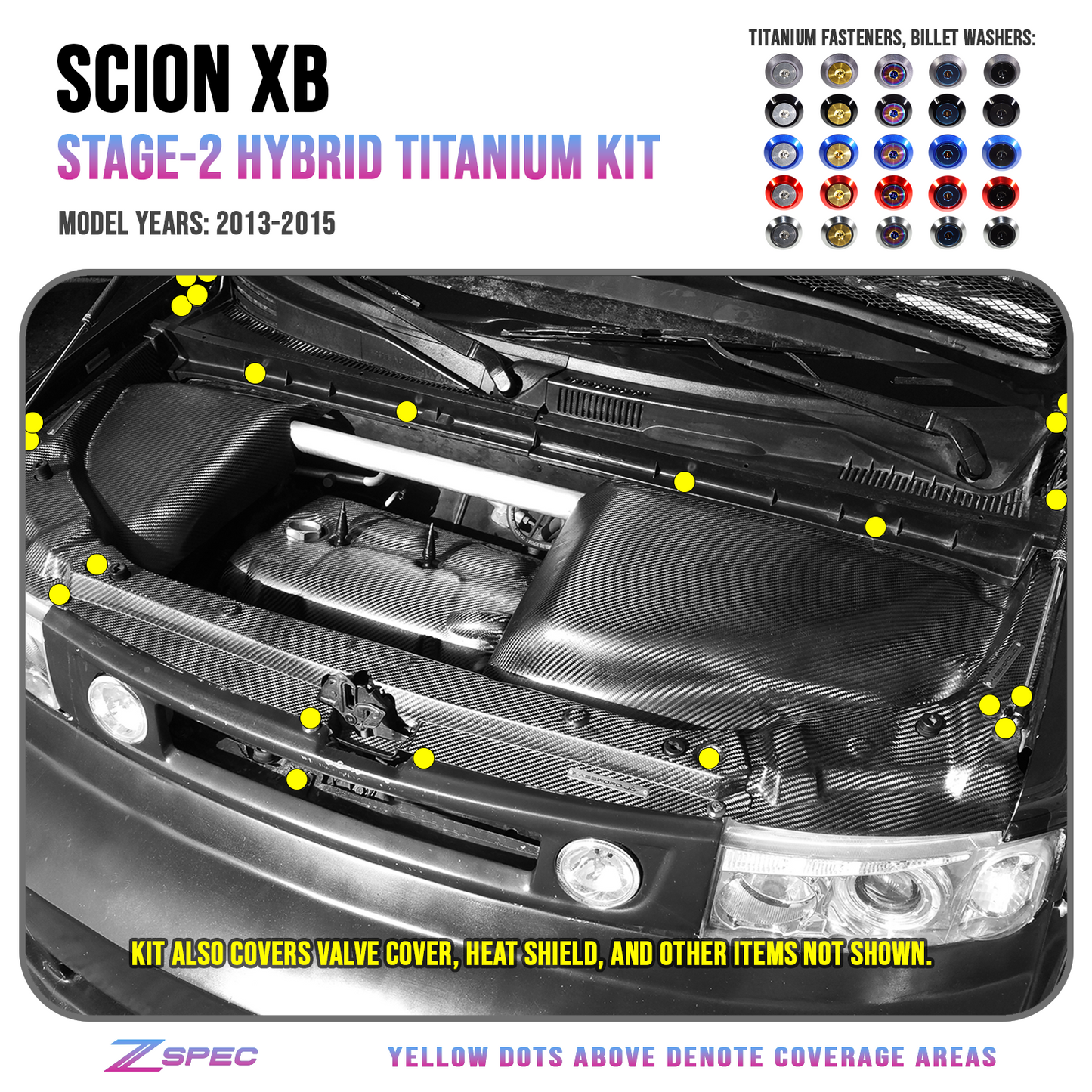 ZSPEC Stage-3 Dress Up Bolts® Fastener Kit for '03-15 Scion xB, Titanium & Billet