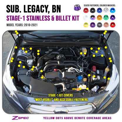 ZSPEC Stage-1 Dress Up Bolts® Fastener Kit for '16-21 Subaru Legacy 3.6L, Stainless & Billet