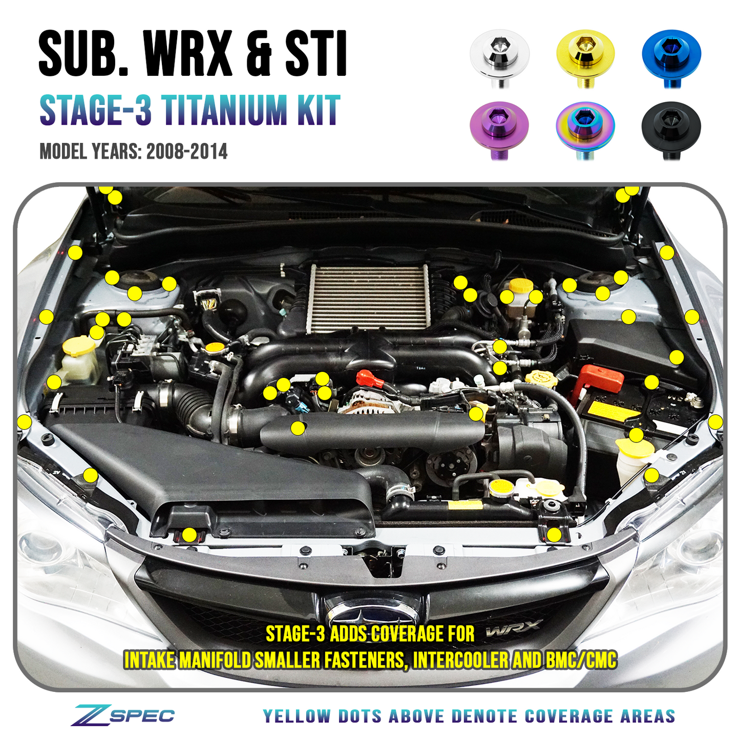 ZSPEC Stage-3 Dress Up Bolts® Fastener Kit for '08-14 Subaru WRX & STi, Titanium