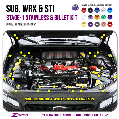 ZSPEC Stage-1 Dress Up Bolts® Fastener Kit for '15-21 Subaru WRX & STI, Stainless & Billet
