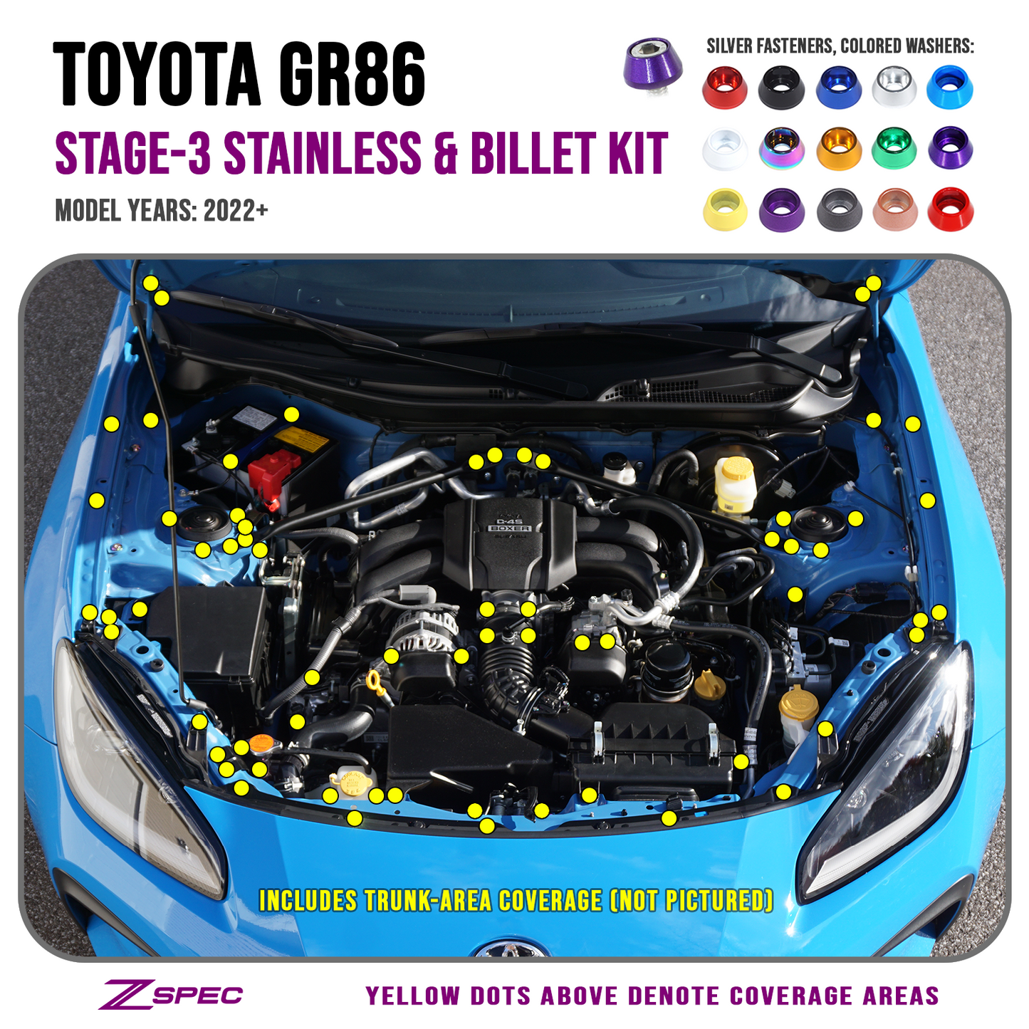 ZSPEC Stage-3 Dress Up Bolts® Fastener Kit for '22+ Toyota GR86 & Subaru BRZ, Stainless & Billet