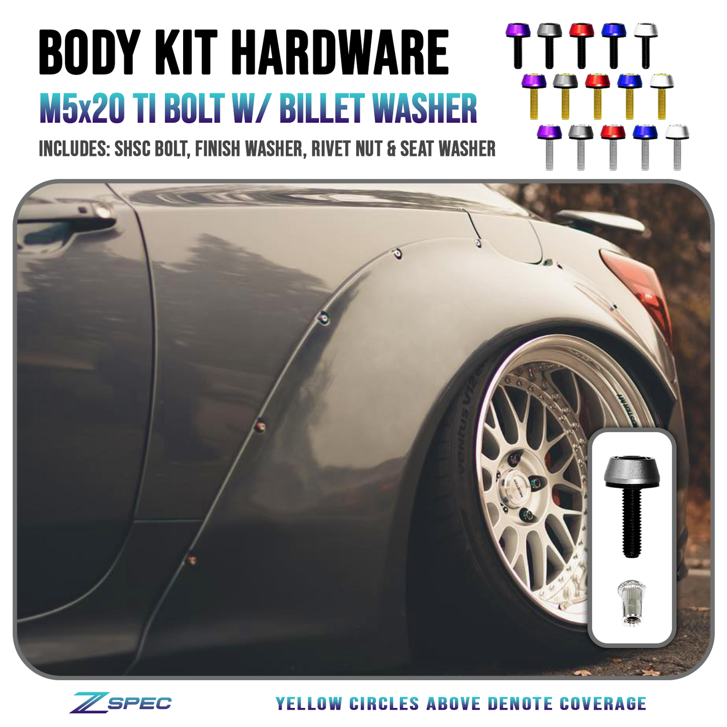 ZSPEC Body Kit Fastener, M5x20mm Titanium & Billet w/RIVET NUT, Per Each
