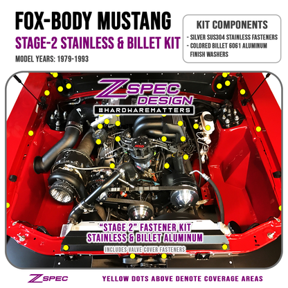 ZSPEC Stage-2 Dress Up Bolts® Fastener Kit for '87-93 Ford Mustang V8 Fox-Body, Stainless & Billet