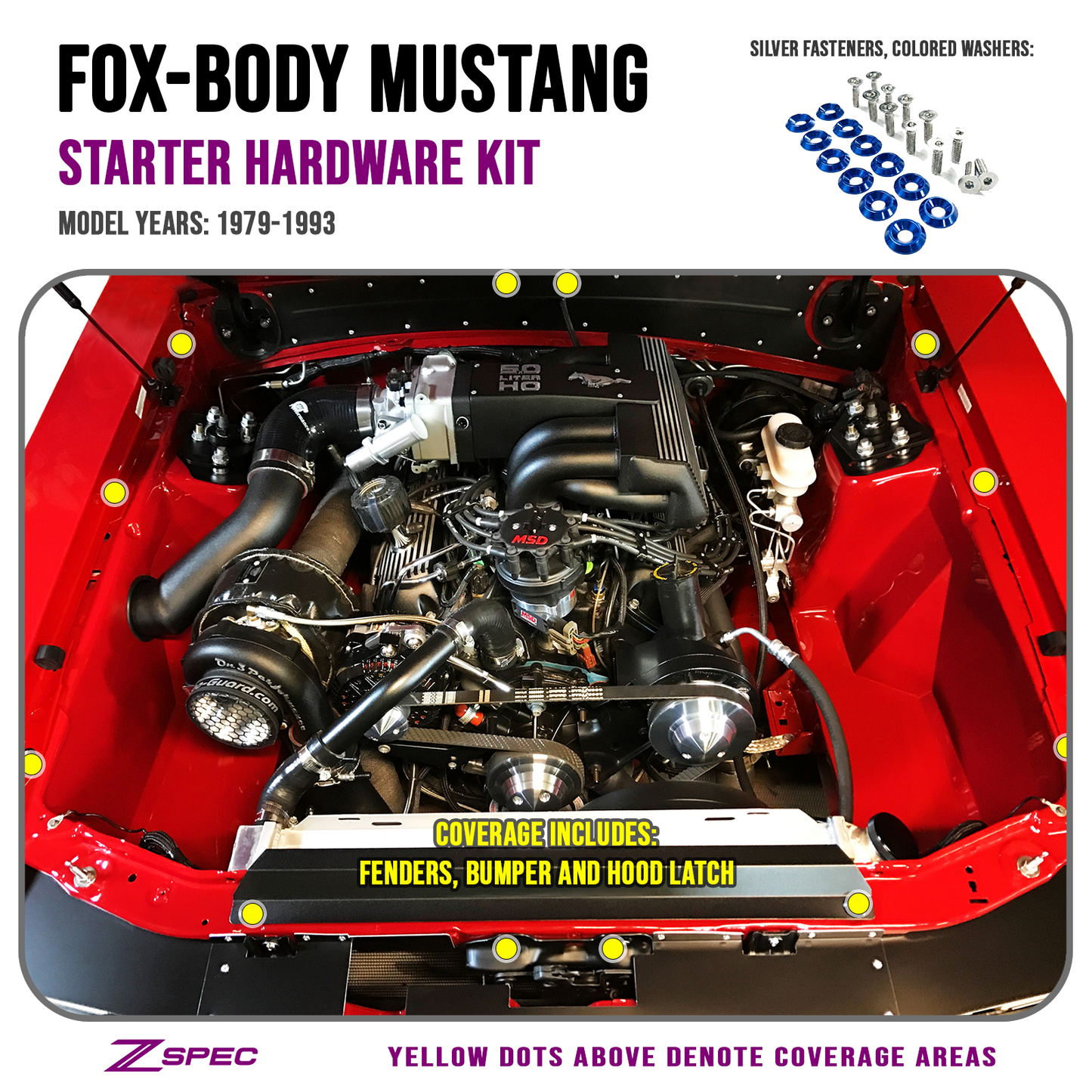 ZSPEC Fenders/Bumper/Hood Latch Kit, Mustang Fox-Body, Stainless & Billet