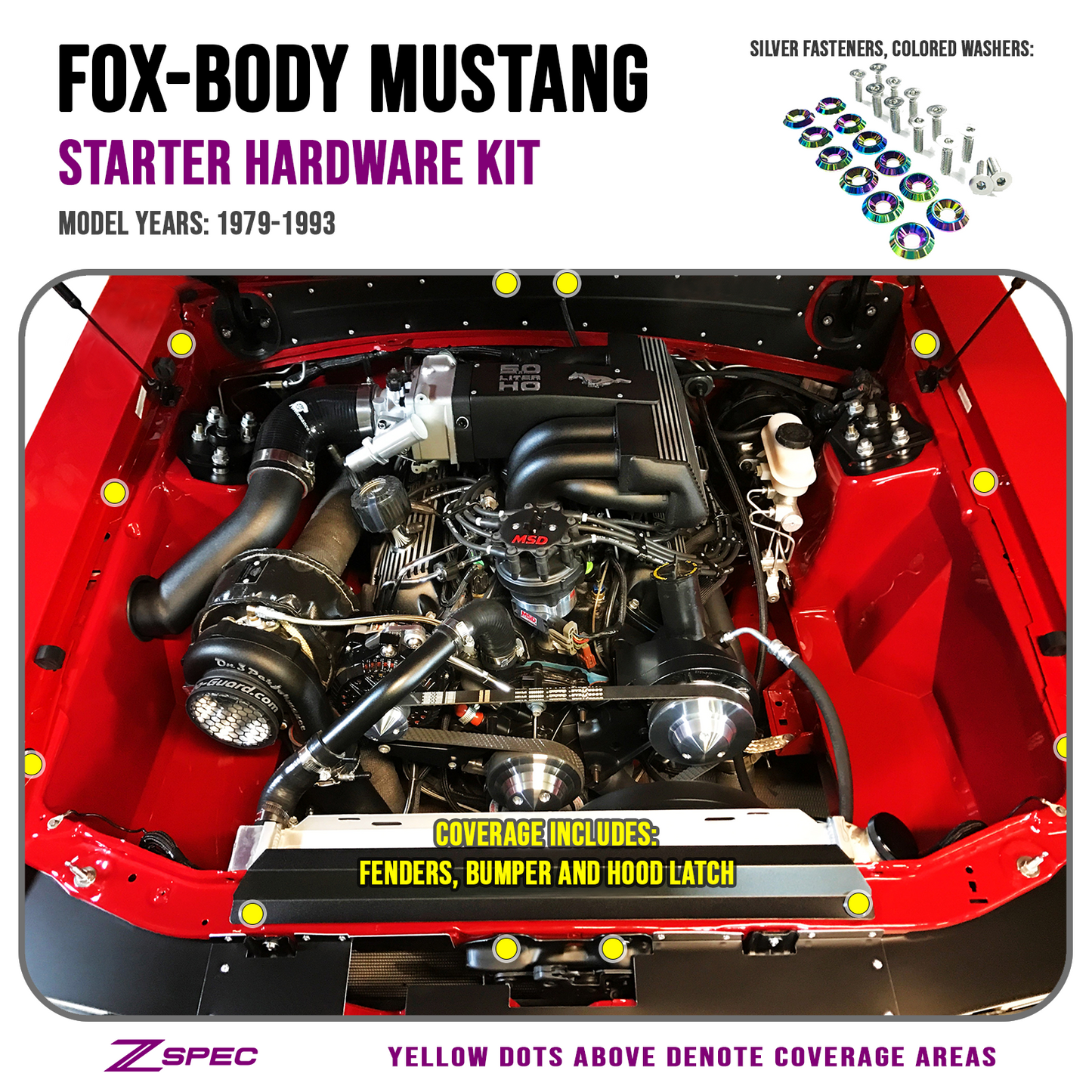 ZSPEC Fenders/Bumper/Hood Latch Kit, Mustang Fox-Body, Stainless & Billet