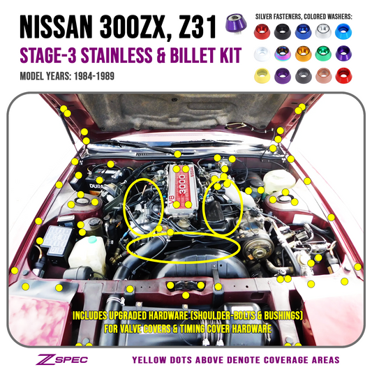 ZSPEC Stage-3 Dress Up Bolts® Fastener Kit for 84-89 Nissan 300zx Z31 Upgraded Timing Bolts, Stainless & Billet