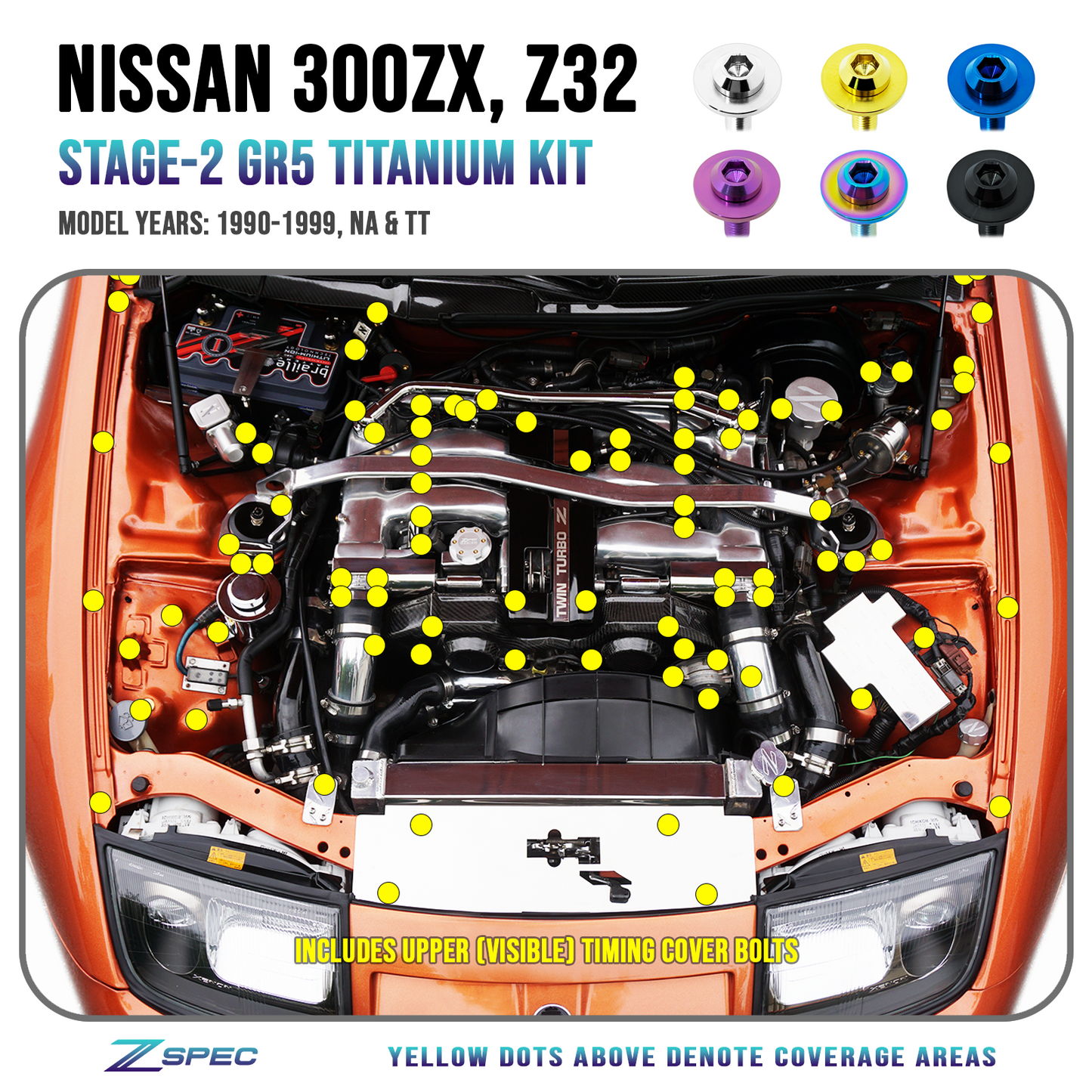 ZSPEC Stage-2 Dress Up Bolts® Hardware Kit for Nissan 300zx Z32, Titanium