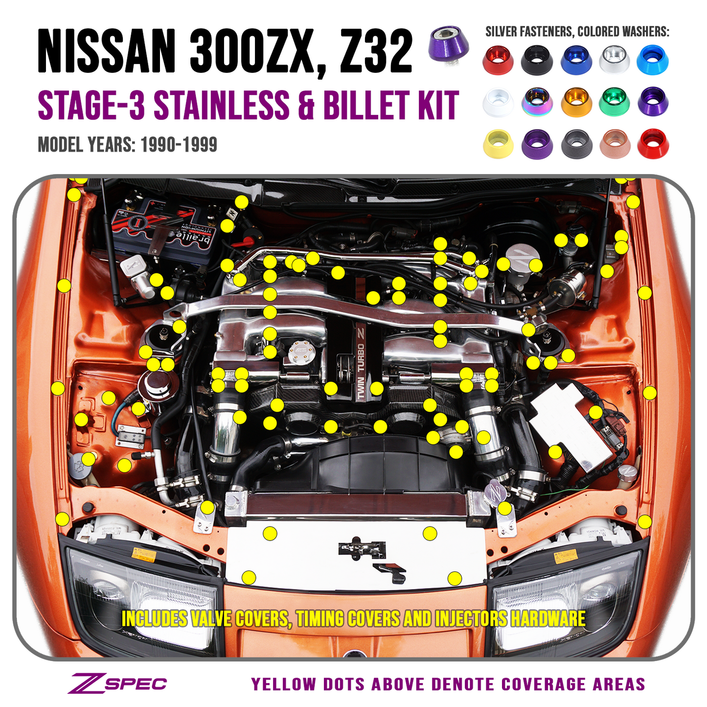 ZSPEC Stage-3 Dress Up Bolts® Fastener Kit for '90-99 Nissan 300zx Z32, Stainless & Billet