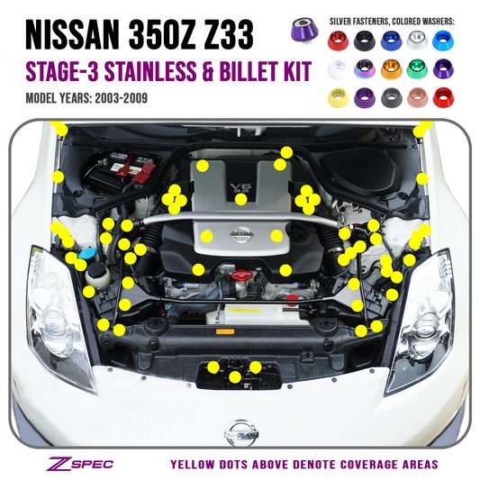 ZSPEC Stage-3 Dress Up Bolts® Kit for Nissan 350z DE/HR, OEM-Length Plenum Bolts, Stainless & Billet