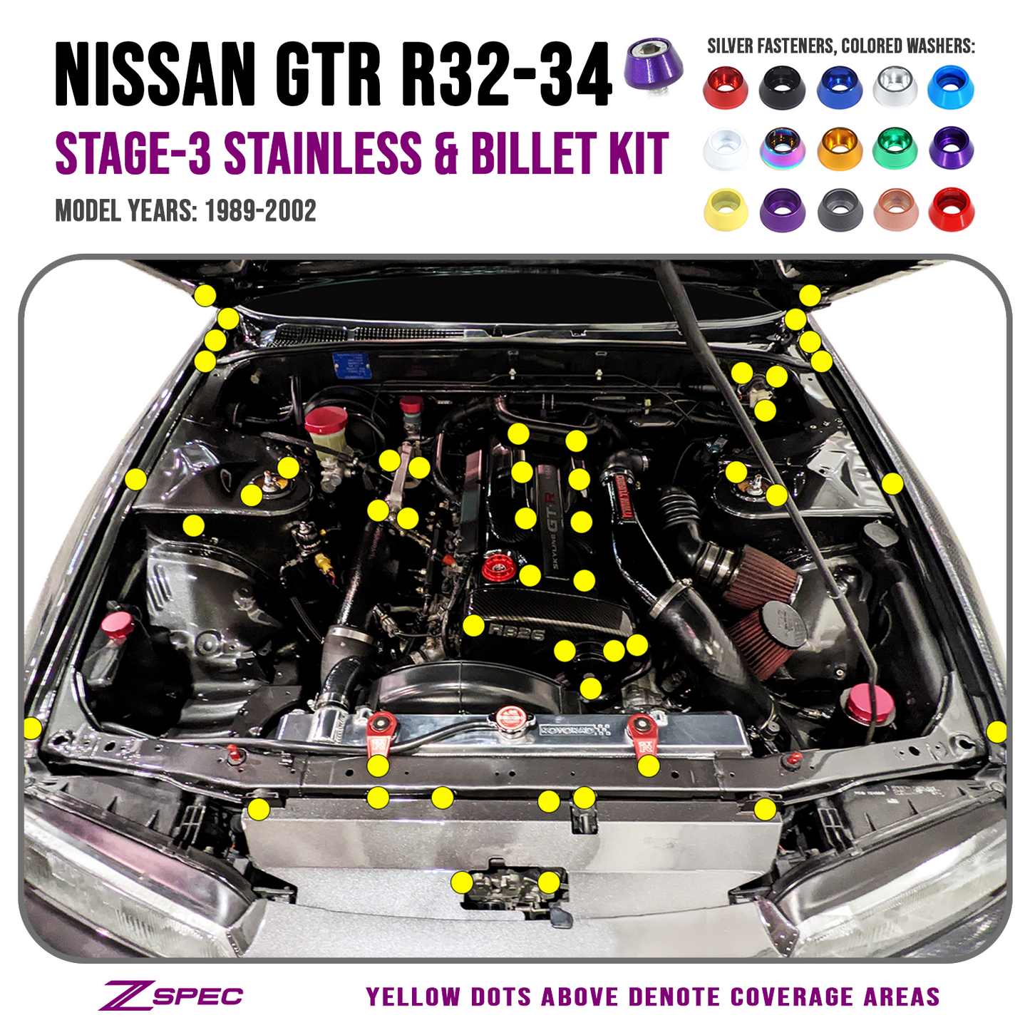 ZSPEC Stage-3 Dress Up Bolts® Kit for Nissan Skyline GT-R/GTR R32/R33/R34, Stainless & Billet
