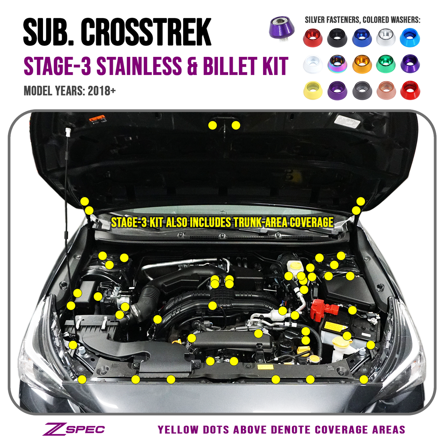 ZSPEC Stage-3 Dress Up Bolts® Fastener Kit for '18-24 Subaru CrossTrek, Stainless & Billet Hardware