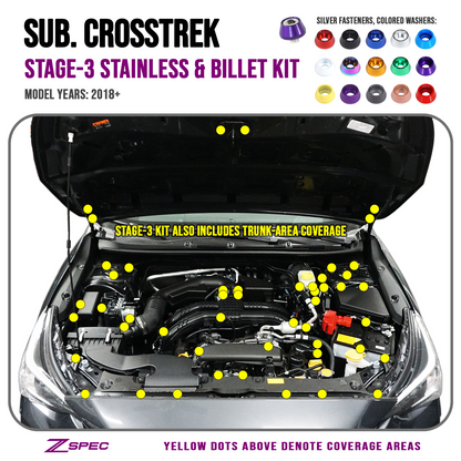 ZSPEC Stage-3 Dress Up Bolts® Fastener Kit for '18-24 Subaru CrossTrek, Stainless & Billet Hardware