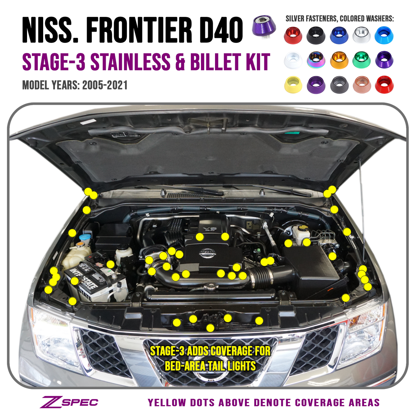 ZSPEC Stage-3 Dress Up Bolts® Fastener Kit for 05-21 Nissan Frontier D40, Stainless & Billet