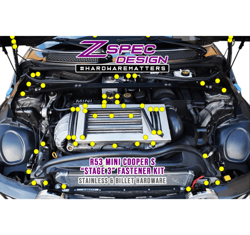 ZSPEC Stage-3 Dress Up Bolts® Fastener Kit for '01-06 R53 Mini Cooper & S, Stainless & Billet