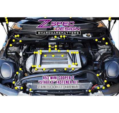ZSPEC Stage-3 Dress Up Bolts® Fastener Kit for '01-06 R53 Mini Cooper & S, Stainless & Billet