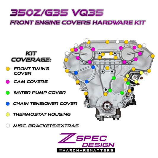 ZSPEC VQ35DE Front-Engine Covers Fastener Kit, CAM/Water Pump/Tensioner, Stainless & Billet