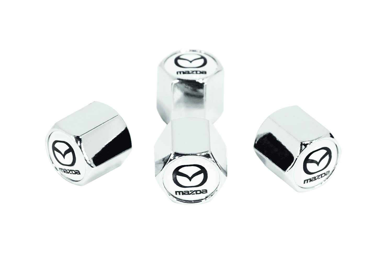 Chrome Valve Stem Tire Caps, Style: MAZDA on White Background