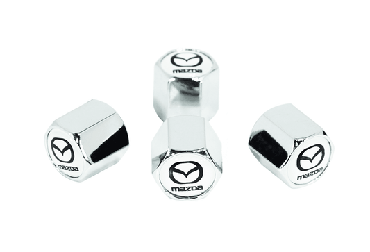 Chrome Valve Stem Tire Caps, Style: MAZDA on White Background