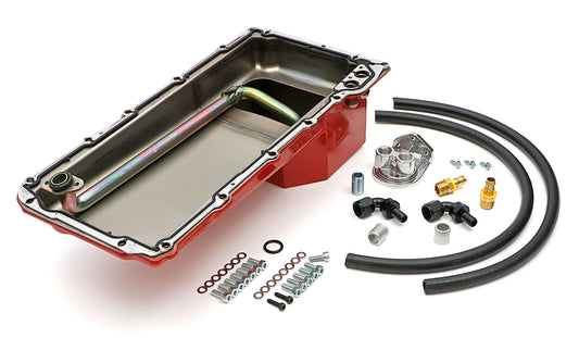 Trans-Dapt Performance Ls Swap Engine Oil Pan And Filter Integration Combo Kit; For Classic Muscle Car And Truck Ls Engine Swap Projects; 5 Qt. Rear Sump Steel Oil Pan And Cast Aluminum Single Vertical Port Oil Filter Remote Relocation Kit 0175