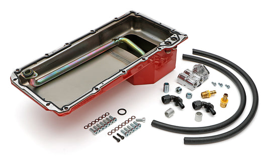 Trans-Dapt Performance Ls Swap Engine Oil Pan And Filter Integration Combo Kit; For Classic Muscle Car And Truck Ls Engine Swap Projects; 5 Qt. Rear Sump Steel Oil Pan And Cast Aluminum Single Horizontal Port Oil Filter Remote Relocation Kit 0176