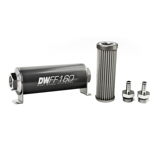 Deatschwerks In-line fuel filter element and housing kit, stainless steel 40 micron, 3/8in hose barb, 160mm. Universal DEW-8-03-160-040K-38