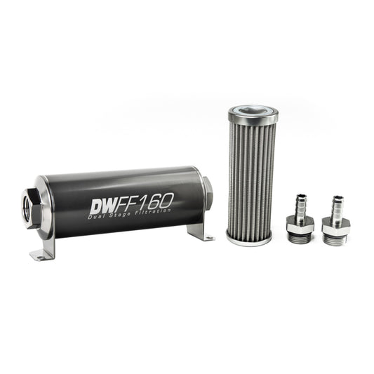 Deatschwerks In-line fuel filter element and housing kit, stainless steel 100 micron, 3/8in hose barb, 160mm. Universal DEW-8-03-160-100K-38