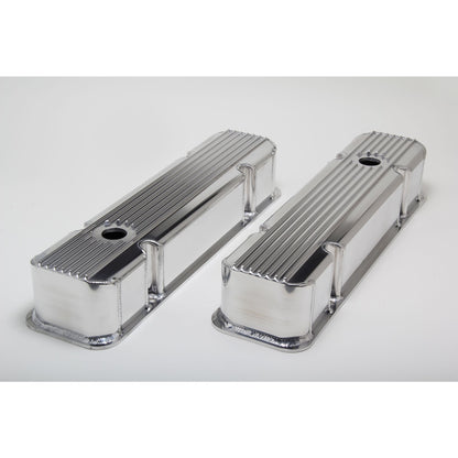 HAMBURGER'S PERFORMANCE PRODUCTS FABRICATED ALUMINUM VALVE COVERS WITH FINS; PONTIAC 326-455 V8; 1959-79; WITH HOLES- CHROME/ALUMINUM 1129