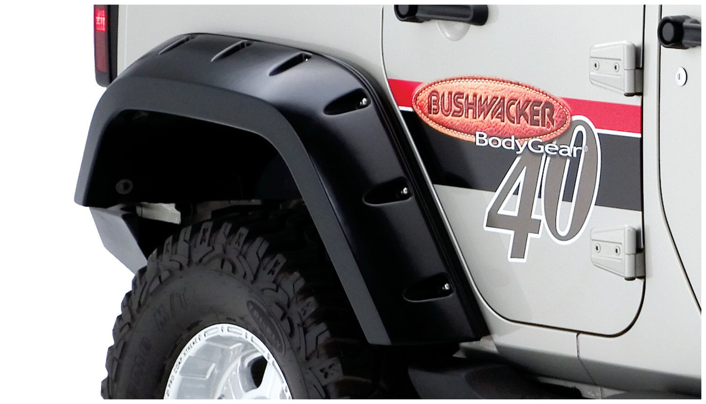 Bushwacker 10044-02 Black Max Coverage Pocket/Rivet Style Smooth Finish Rear Fender Flares With Extended Coverage For 2007-2018 Jeep Wrangler JK Unlimited 4-Door