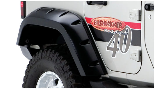 Bushwacker 10044-02 Black Max Coverage Pocket/Rivet Style Smooth Finish Rear Fender Flares With Extended Coverage For 2007-2018 Jeep Wrangler JK Unlimited 4-Door