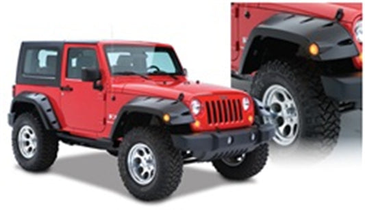 Bushwacker 10045-02 Black Max Coverage Pocket/Rivet Style Smooth Finish Front Fender Flares With Extended Coverage For 2007-2018 Jeep Wrangler JK