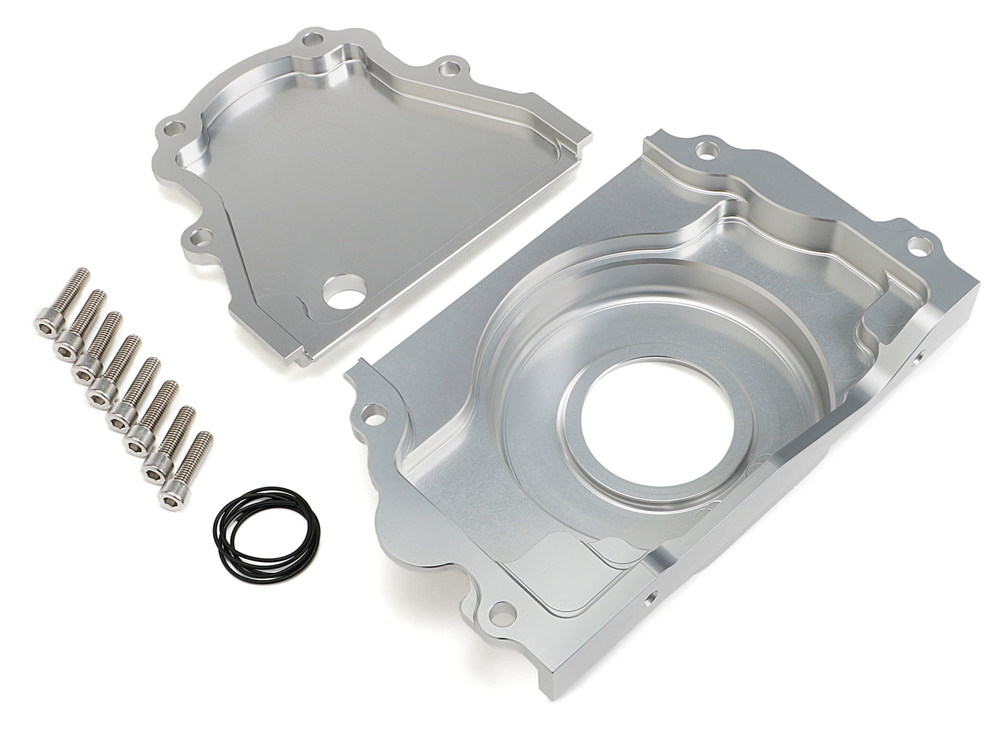 HAMBURGER'S PERFORMANCE PRODUCTS TWO-PIECE TIMING COVER; GEN IV LS ENGINES; CAM SENSOR IN COVER- BILLET ALUMINUM WITH CLEAR ANODIZED FINISH 1105