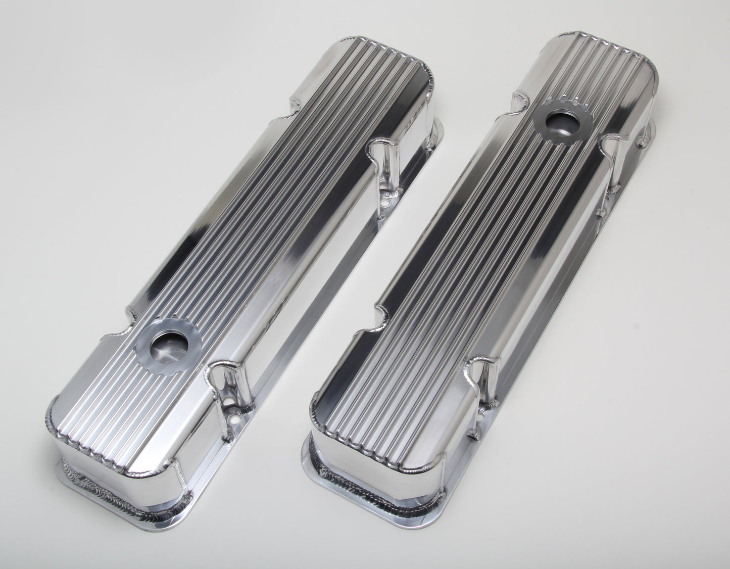 HAMBURGER'S PERFORMANCE PRODUCTS FABRICATED ALUMINUM VALVE COVERS WITH FINS; PONTIAC 326-455 V8; 1959-79; WITH HOLES- CHROME/ALUMINUM 1129