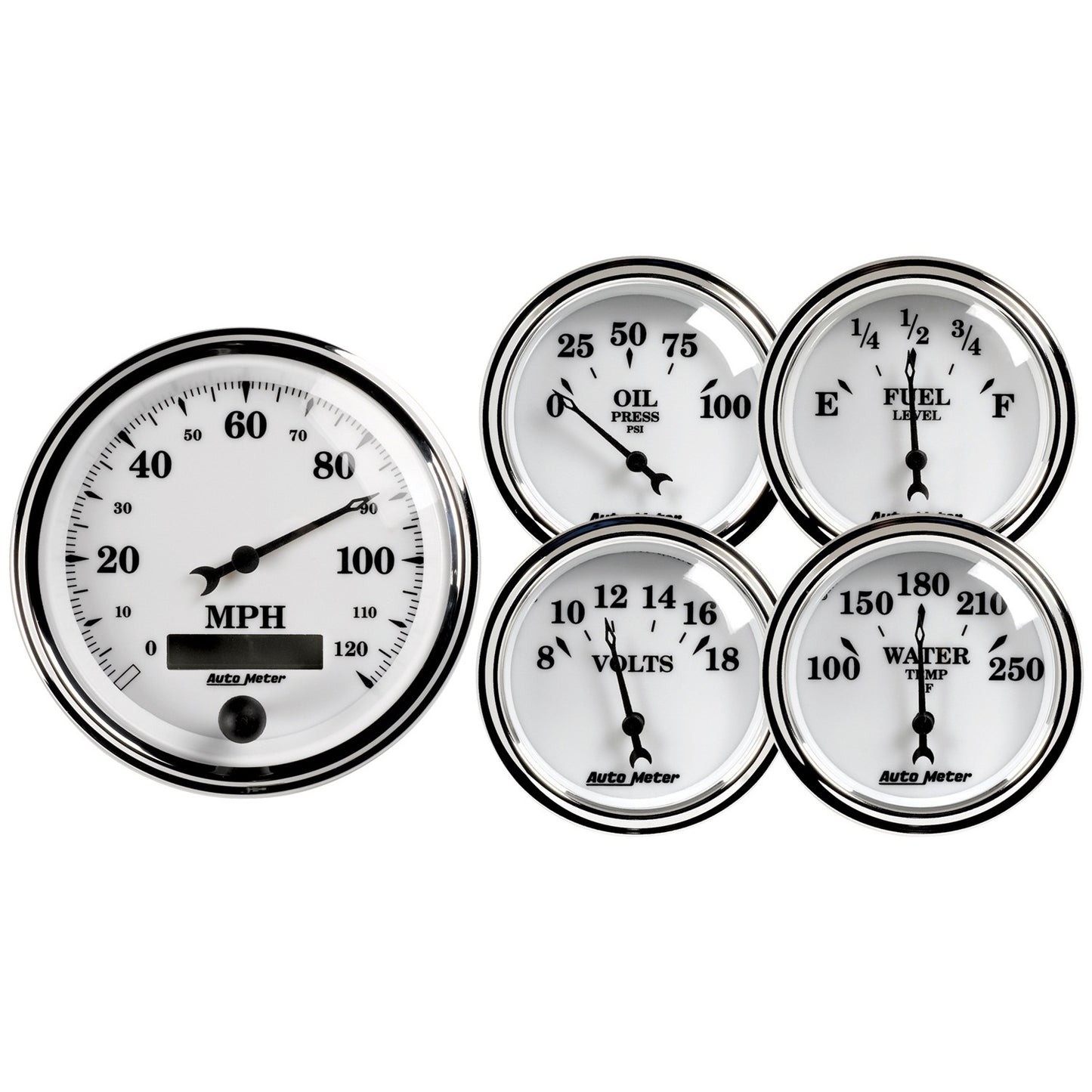 AutoMeter 5 PC. GAUGE KIT 3-3/8 in. & 2-1/16 in. ELEC. SPEEDOMETER OLD TYME WHITE II 1200