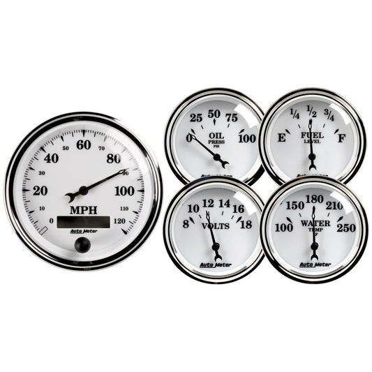 AutoMeter 5 PC. GAUGE KIT 3-3/8 in. & 2-1/16 in. ELEC. SPEEDOMETER OLD TYME WHITE II 1200