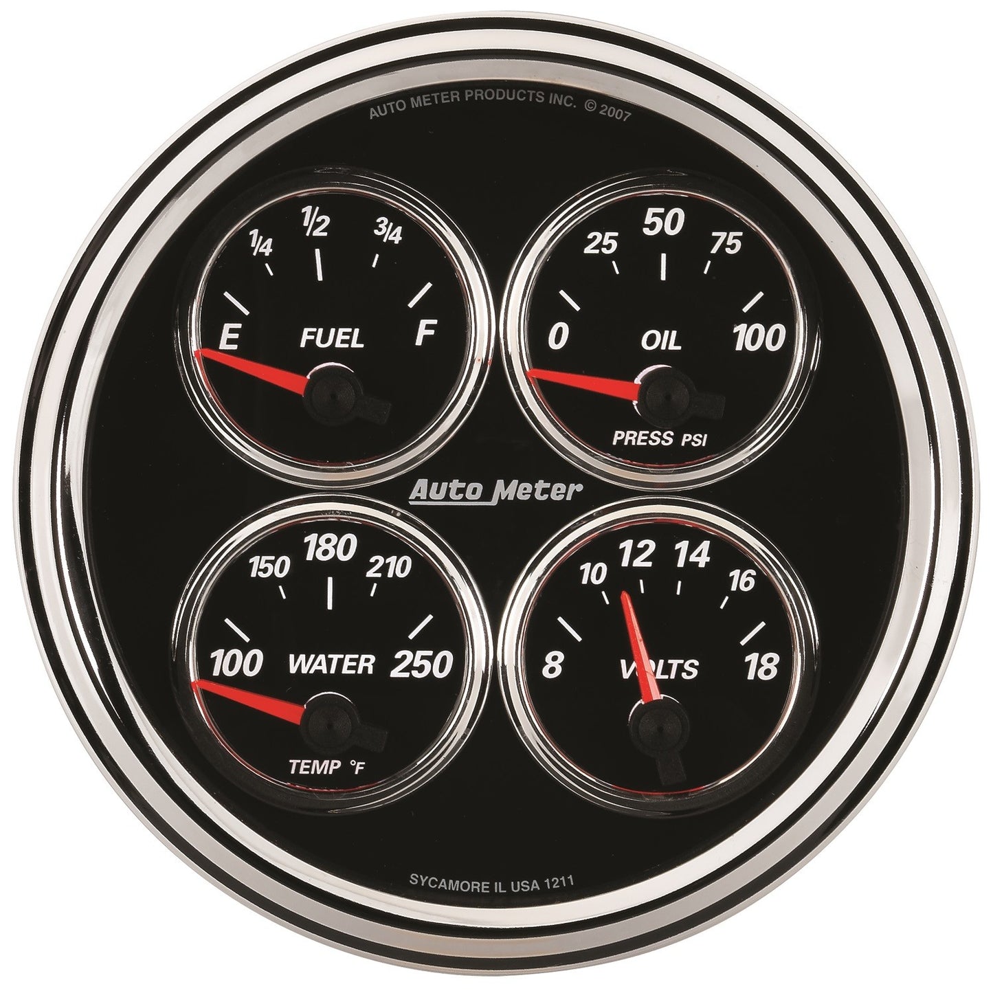 AutoMeter 5 in. QUAD GAUGE 100 PSI/100-250 Fahrenheit/8-18V/0-90 O DESIGNER BLACK II 1224