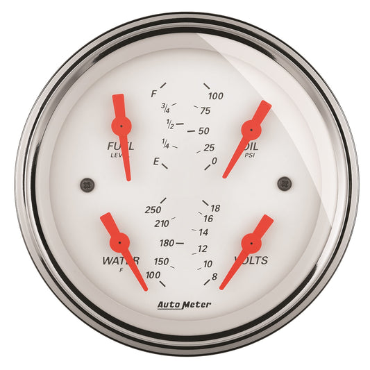 AutoMeter 3-3/8 in. QUAD GAUGE 100 PSI/100-250 Fahrenheit/8-18V/0-90 O ARCTIC WHITE 1314