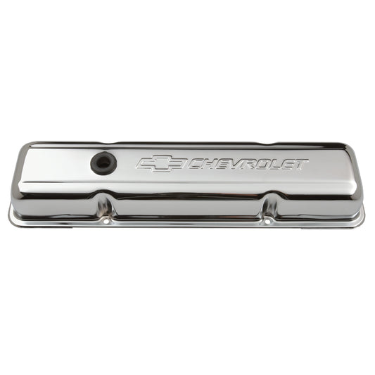 Proform Engine Valve Covers; Stamped Steel; Short; Chrome; w/ Bowtie Logo; Fits SB Chevy 141-102