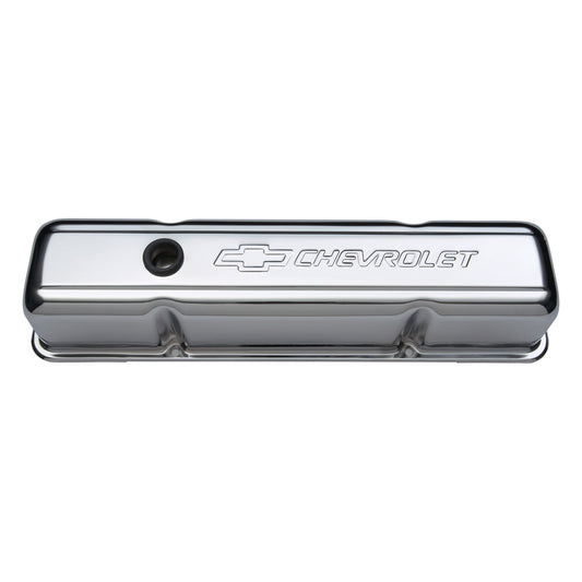 Proform Engine Valve Covers; Stamped Steel; Tall; Chrome; w/ Bowtie Logo; Fits SB Chevy 141-103